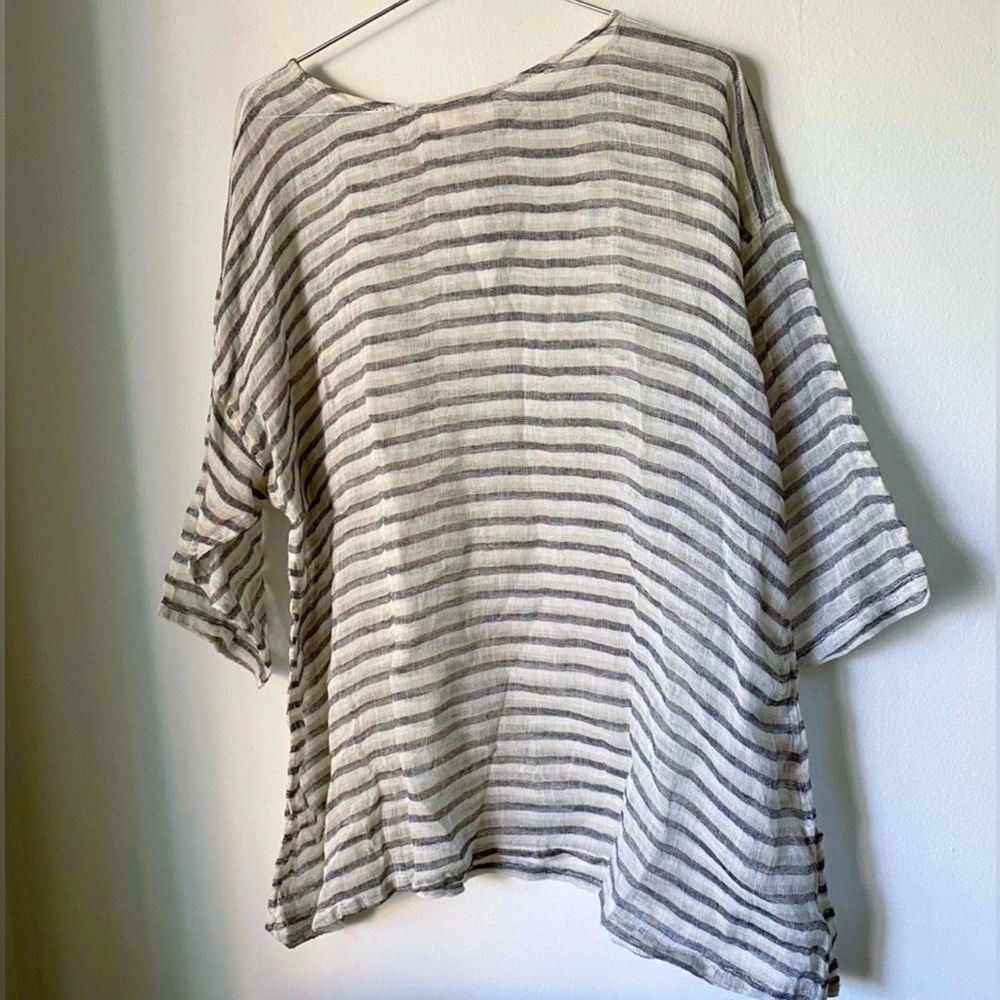Paper Lace Pure Linen Gauze Striped Tunic Blouse cover up lightweight Summer O/S - Picture 5 of 7